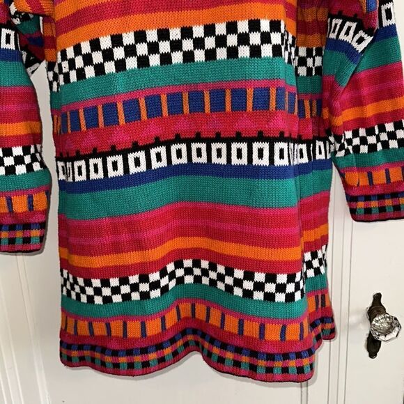 Vtg 80s/90s Contrasts turtleneck brightly colored multi patterned long sweater - Picture 3 of 8